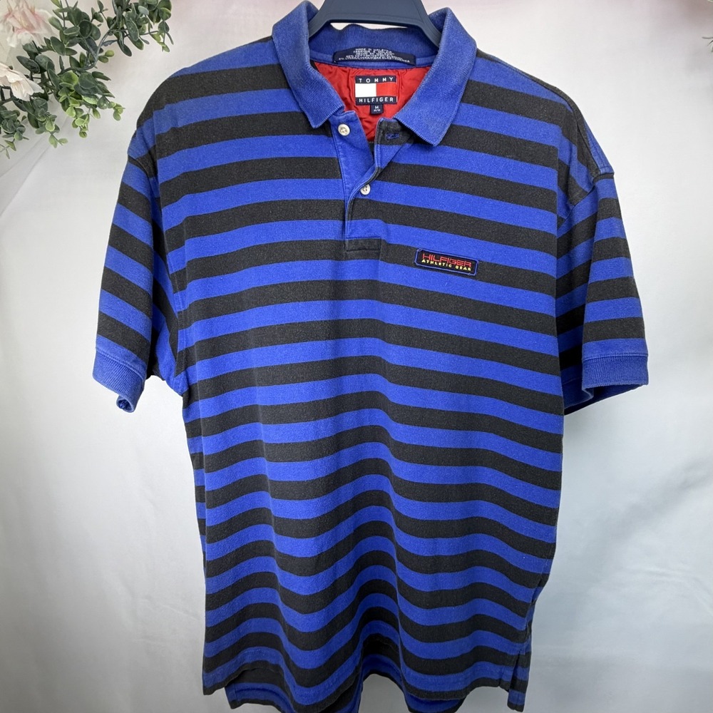 Vintage Tommy Hilfiger Athletic Gear Polo Shirt Size Medium Black‎ Blue Striped